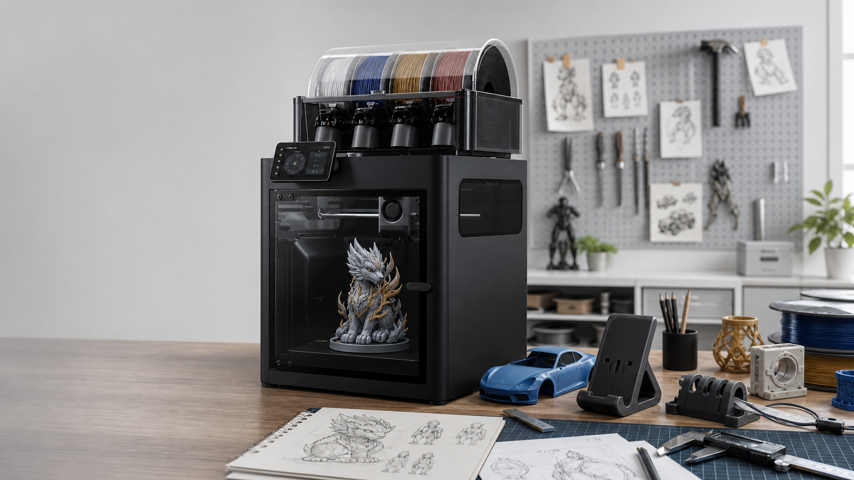 3D-Drucker im Studio mit Modellen und Funktionsteilen